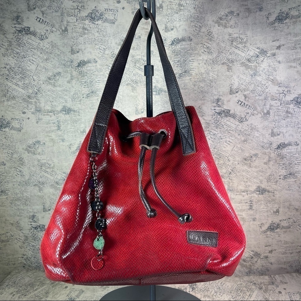 MARNI Red Snakeskin Embossed Leather Bucket Bag Hobo Satchel Made in Italy